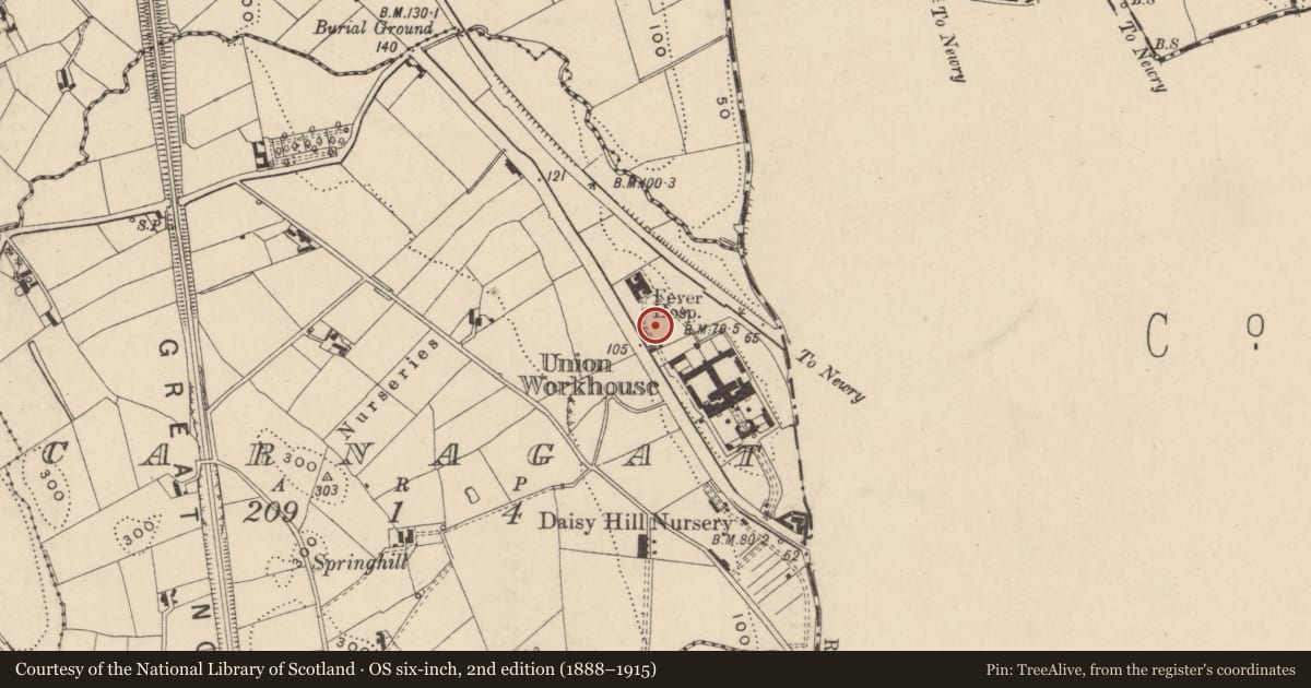 Ordnance Survey six-inch map, 2nd edition (1888–1915) covering the location of Daisy Hill Hospital, Ballinlare, Newry, Mourne and Down, with a pin at the register's coordinates