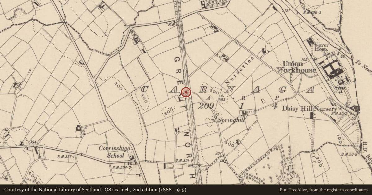 Ordnance Survey six-inch map, 2nd edition (1888–1915) covering the location of Bridge at 20 Martin’s Rd, Ballinlare, Newry, Mourne and Down, with a pin at the register's coordinates