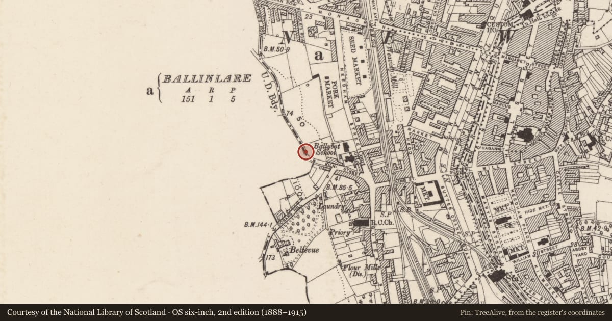 Ordnance Survey six-inch map, 2nd edition (1888–1915) covering the location of Boundary Post in Kiln St, Ballinlare, Newry, Mourne and Down, with a pin at the register's coordinates