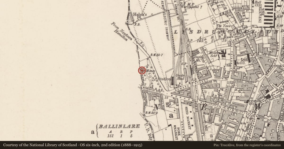 Ordnance Survey six-inch map, 2nd edition (1888–1915) covering the location of Non-subscribing Manse, Ballinlare, Newry, Mourne and Down, with a pin at the register's coordinates