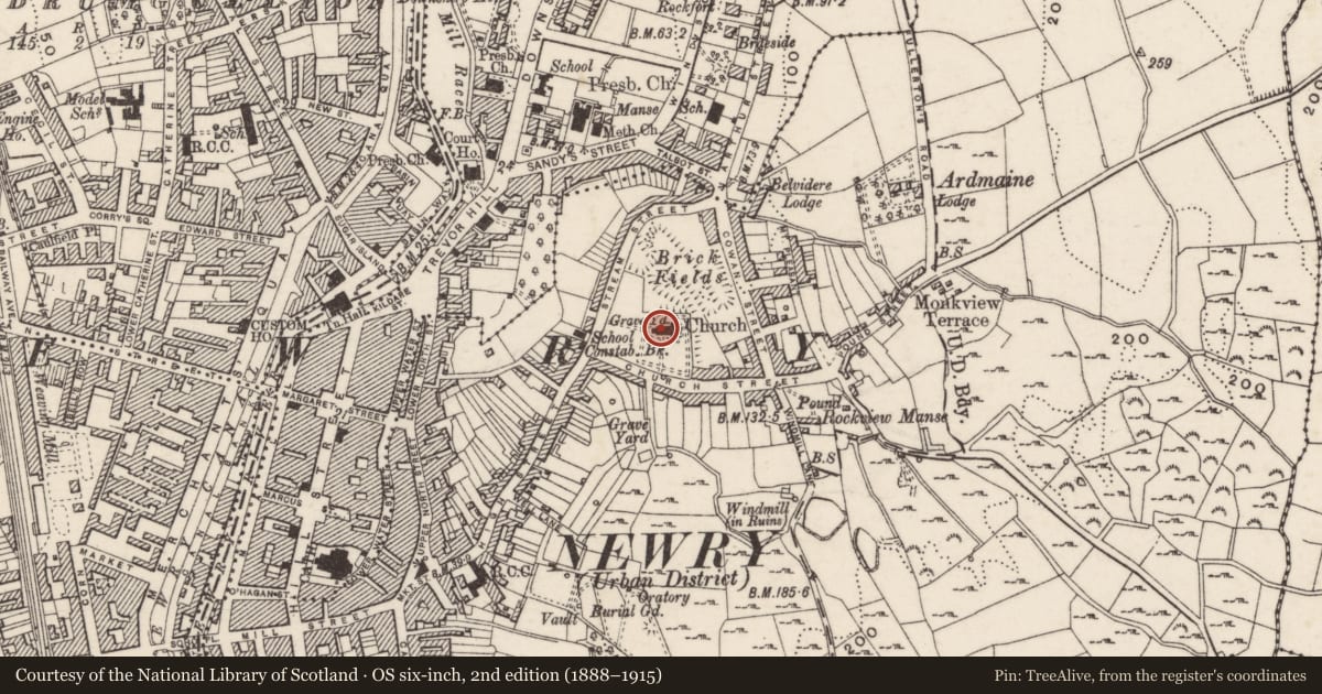 Ordnance Survey six-inch map, 2nd edition (1888–1915) covering the location of St Patrick's Church (C of I), Carneyhough, Newry, Mourne and Down, with a pin at the register's coordinates