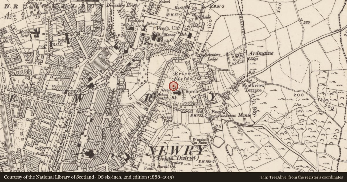 Ordnance Survey six-inch map, 2nd edition (1888–1915) covering the location of William Barre Memorial, Carneyhough, Newry, Mourne and Down, with a pin at the register's coordinates