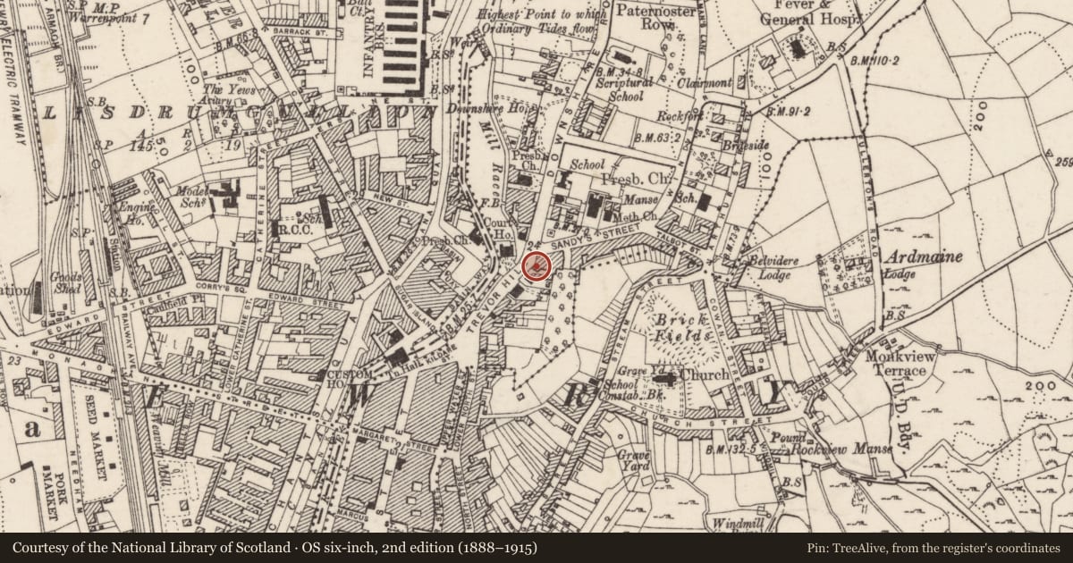 Ordnance Survey six-inch map, 2nd edition (1888–1915) covering the location of 14 Trevor Hill, Ballinacraig, Newry, Mourne and Down, with a pin at the register's coordinates