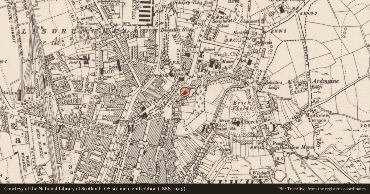 Ordnance Survey six-inch map, 2nd edition (1888–1915) covering the location of Bank of Ireland, Carneyhough, Newry, Mourne and Down, with a pin at the register's coordinates