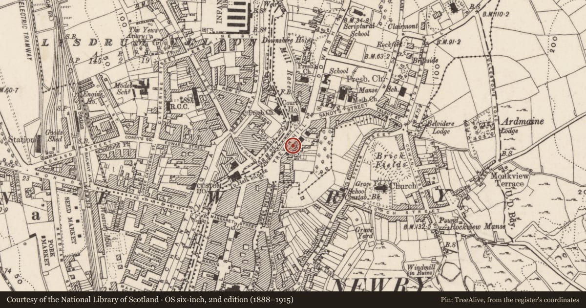 Ordnance Survey six-inch map, 2nd edition (1888–1915) covering the location of 10 Trevor Hill, Carneyhough, Newry, Mourne and Down, with a pin at the register's coordinates