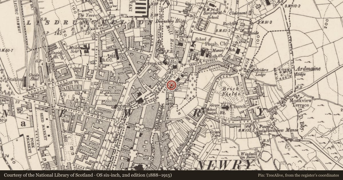 Ordnance Survey six-inch map, 2nd edition (1888–1915) covering the location of 8 Trevor Hill, Carneyhough, Newry, Mourne and Down, with a pin at the register's coordinates