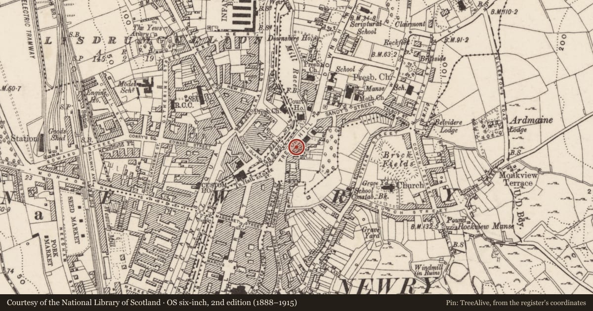 Ordnance Survey six-inch map, 2nd edition (1888–1915) covering the location of 9 Trevor Hill, Carneyhough, Newry, Mourne and Down, with a pin at the register's coordinates
