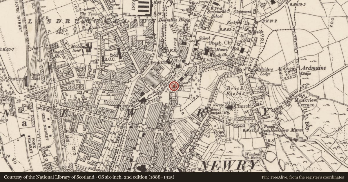 Ordnance Survey six-inch map, 2nd edition (1888–1915) covering the location of 7 Trevor Hill, Carneyhough, Newry, Mourne and Down, with a pin at the register's coordinates