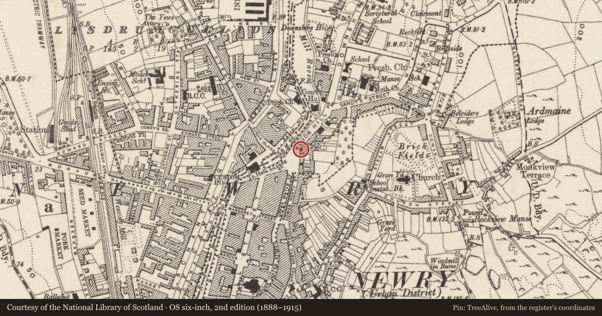 Ordnance Survey six-inch map, 2nd edition (1888–1915) covering the location of St. Colman's Hall, Carneyhough, Newry, Mourne and Down, with a pin at the register's coordinates