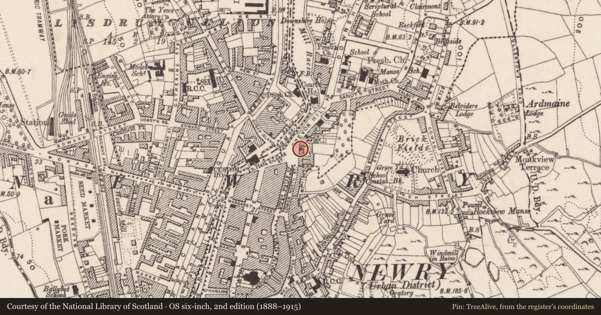 Ordnance Survey six-inch map, 2nd edition (1888–1915) covering the location of Office, Carneyhough, Newry, Mourne and Down, with a pin at the register's coordinates