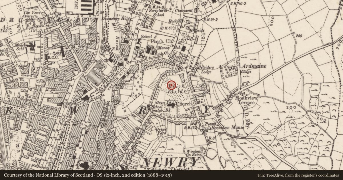Ordnance Survey six-inch map, 2nd edition (1888–1915) covering the location of former Northern Bank, Carneyhough, Newry, Mourne and Down, with a pin at the register's coordinates