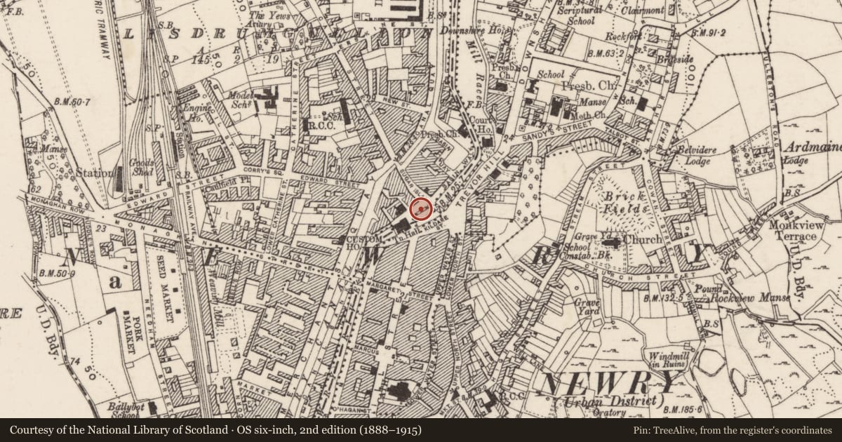 Ordnance Survey six-inch map, 2nd edition (1888–1915) covering the location of War Memorial, Lisdrumgullion, Newry, Mourne and Down, with a pin at the register's coordinates