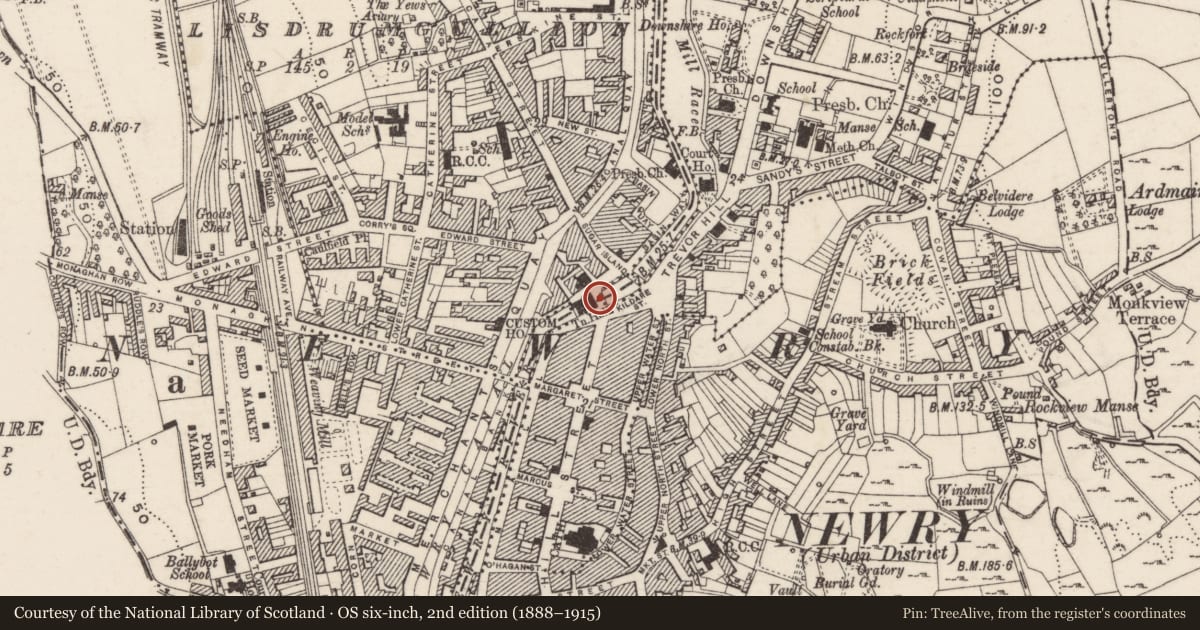 Ordnance Survey six-inch map, 2nd edition (1888–1915) covering the location of Armagh Down Bridge, Lisdrumgullion, Newry, Mourne and Down, with a pin at the register's coordinates