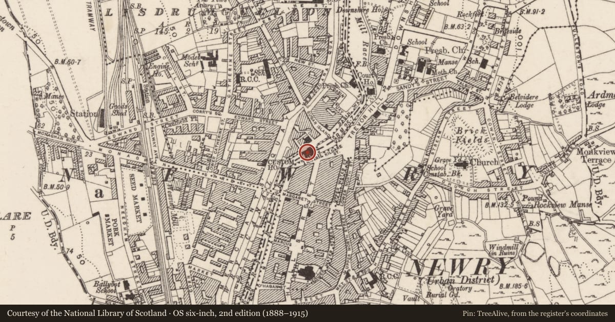 Ordnance Survey six-inch map, 2nd edition (1888–1915) covering the location of Town hall, Lisdrumgullion, Newry, Mourne and Down, with a pin at the register's coordinates