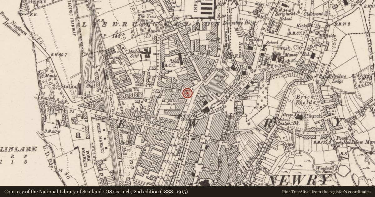 Ordnance Survey six-inch map, 2nd edition (1888–1915) covering the location of Wan-Ho Chinese Takeaway, Lisdrumgullion, Newry, Mourne and Down, with a pin at the register's coordinates