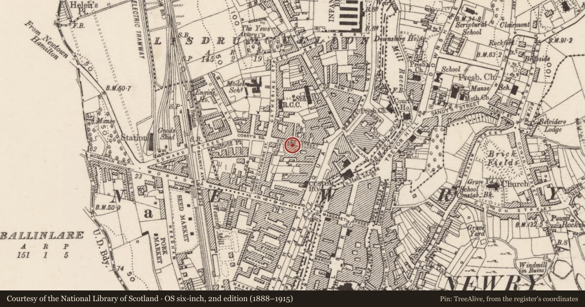 Ordnance Survey six-inch map, 2nd edition (1888–1915) covering the location of Edward Street House, Lisdrumgullion, Newry, Mourne and Down, with a pin at the register's coordinates