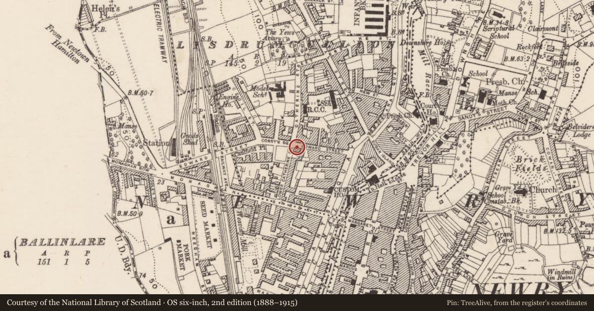 Ordnance Survey six-inch map, 2nd edition (1888–1915) covering the location of 22 Edward Street, Lisdrumgullion, Newry, Mourne and Down, with a pin at the register's coordinates