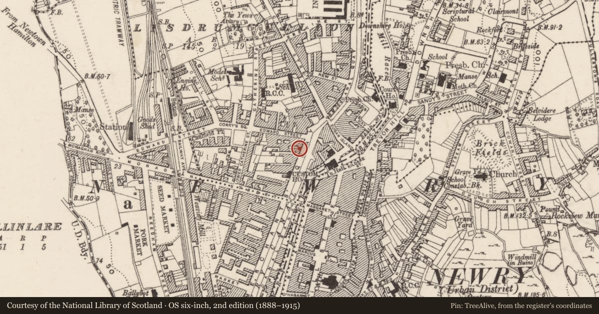 Ordnance Survey six-inch map, 2nd edition (1888–1915) covering the location of 15B Merchant's Quay, Lisdrumgullion, Newry, Mourne and Down, with a pin at the register's coordinates