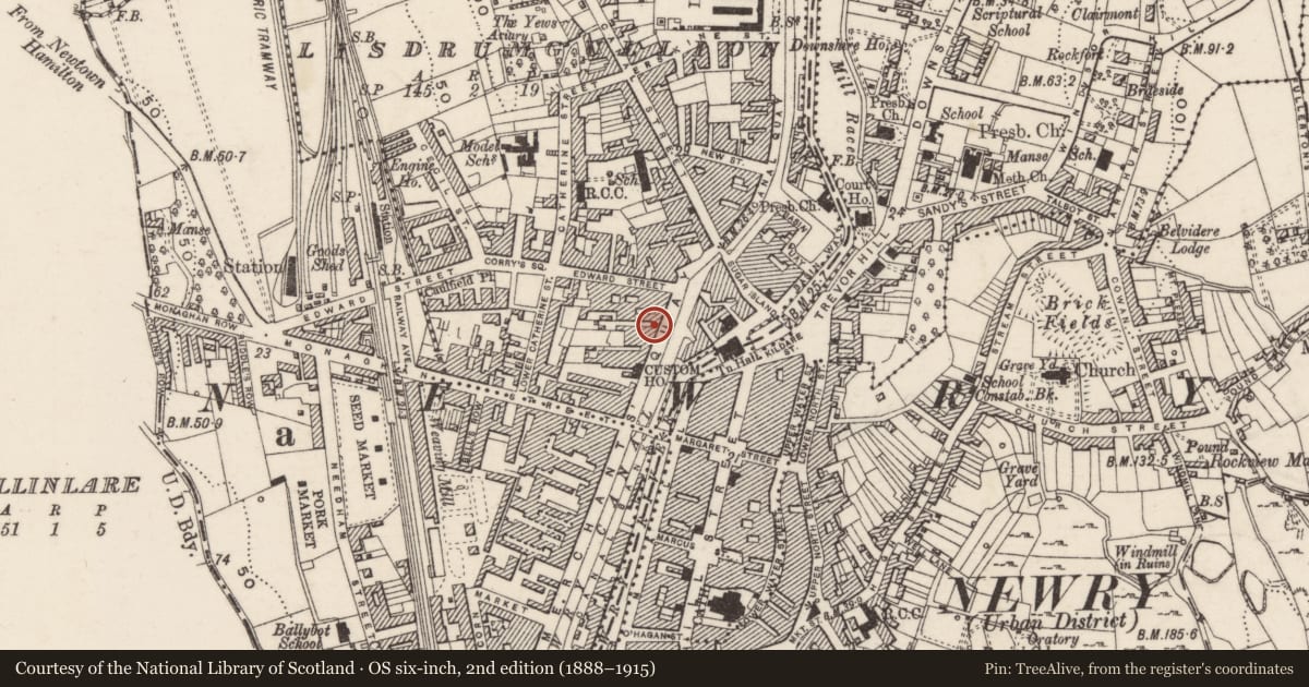Ordnance Survey six-inch map, 2nd edition (1888–1915) covering the location of 16 Merchant's Quay, Lisdrumgullion, Newry, Mourne and Down, with a pin at the register's coordinates