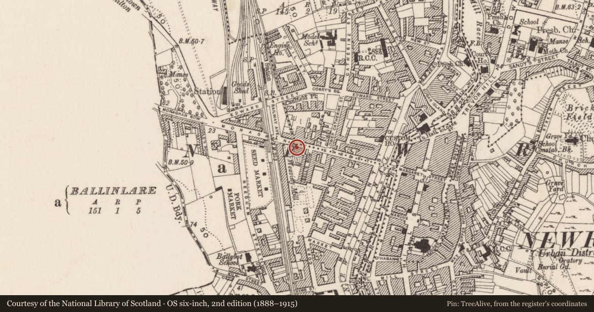 Ordnance Survey six-inch map, 2nd edition (1888–1915) covering the location of 28-30 Monaghan Street, Lisdrumgullion, Newry, Mourne and Down, with a pin at the register's coordinates