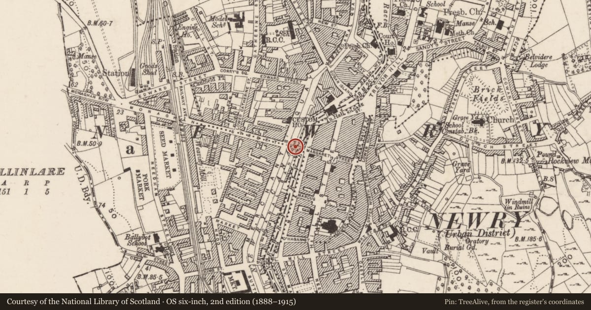 Ordnance Survey six-inch map, 2nd edition (1888–1915) covering the location of Needham Bridge, Newry, Co Down BT34, Lisdrumgullion, Newry, Mourne and Down, with a pin at the register's coordinates