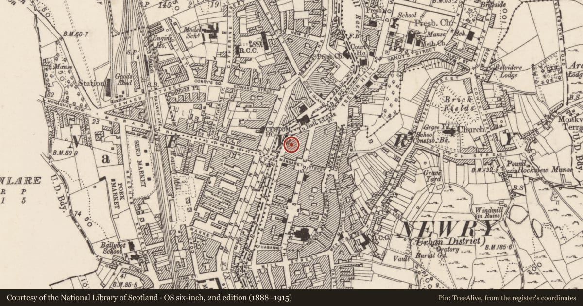 Ordnance Survey six-inch map, 2nd edition (1888–1915) covering the location of 9-10 The Mall, Carneyhough, Newry, Mourne and Down, with a pin at the register's coordinates
