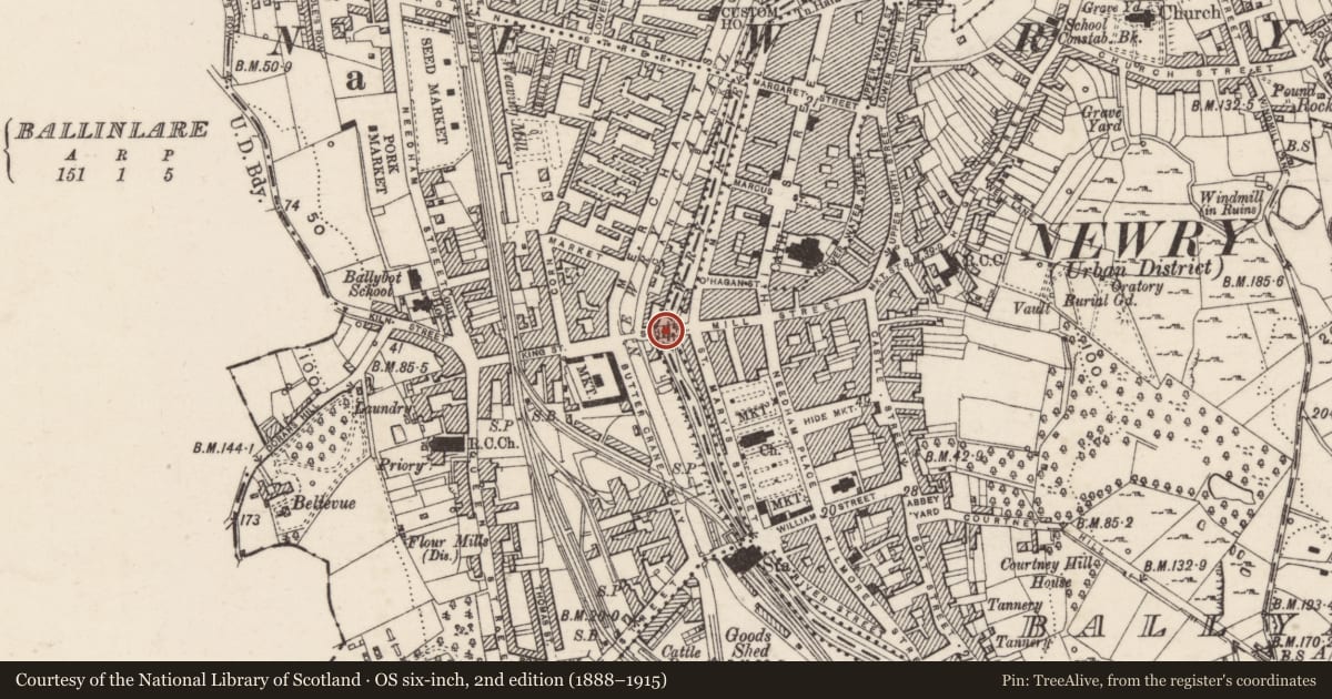 Ordnance Survey six-inch map, 2nd edition (1888–1915) covering the location of Ballybot Bridge, Lisdrumgullion, Newry, Mourne and Down, with a pin at the register's coordinates