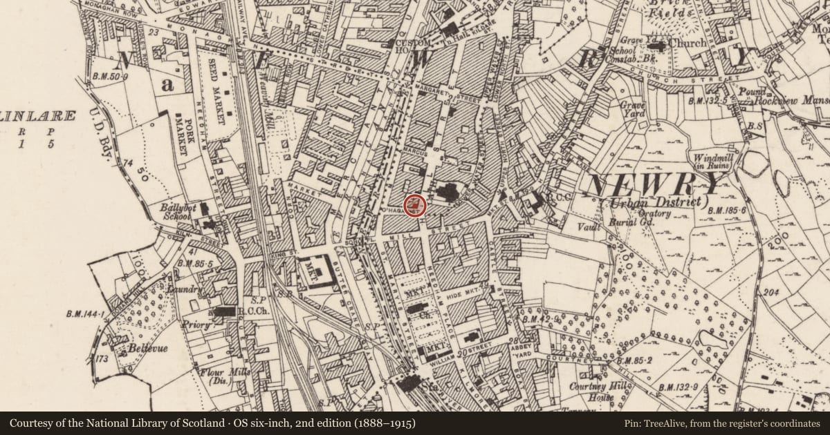 Ordnance Survey six-inch map, 2nd edition (1888–1915) covering the location of 32 Hill Street, Carneyhough, Newry, Mourne and Down, with a pin at the register's coordinates