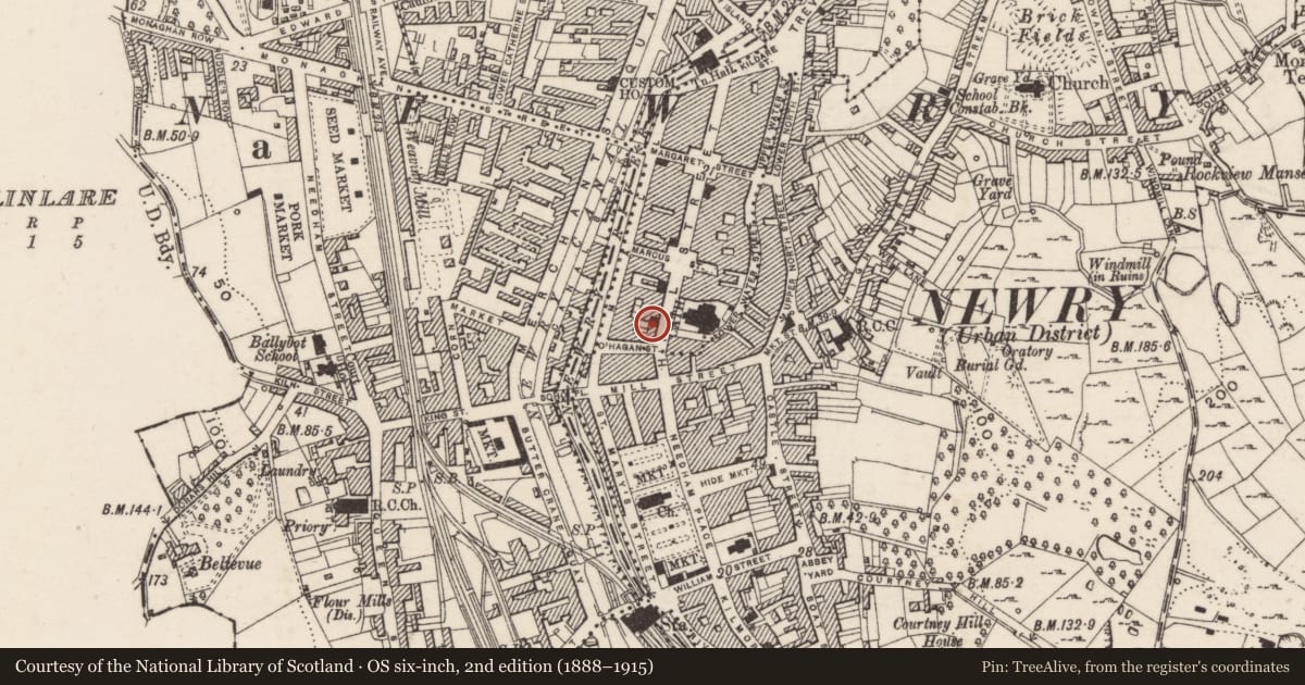 Ordnance Survey six-inch map, 2nd edition (1888–1915) covering the location of Catholic Working Mens Club, Carneyhough, Newry, Mourne and Down, with a pin at the register's coordinates