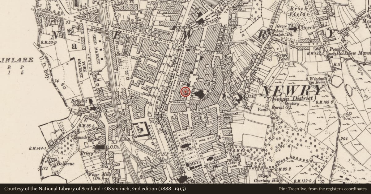 Ordnance Survey six-inch map, 2nd edition (1888–1915) covering the location of 40 Hill Street, Carneyhough, Newry, Mourne and Down, with a pin at the register's coordinates