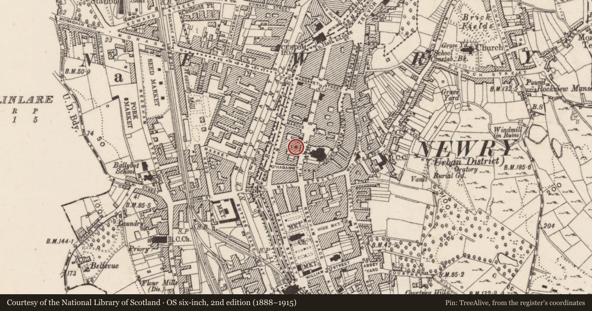Ordnance Survey six-inch map, 2nd edition (1888–1915) covering the location of 42 Hill Street, Carneyhough, Newry, Mourne and Down, with a pin at the register's coordinates
