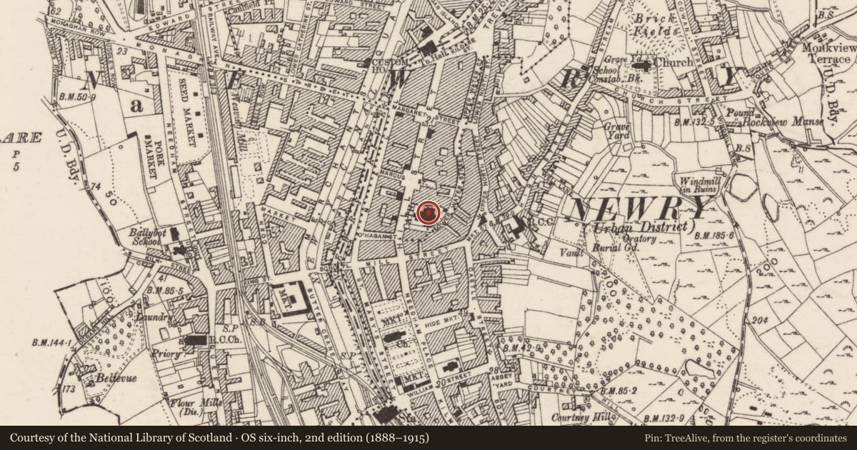 Ordnance Survey six-inch map, 2nd edition (1888–1915) covering the location of Cathedral of St. Patrick and St. Colman, Carneyhough, Newry, Mourne and Down, with a pin at the register's coordinates