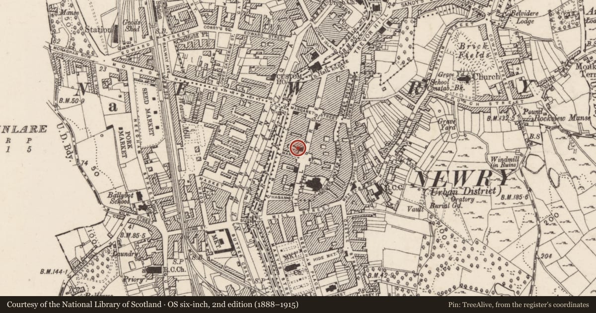 Ordnance Survey six-inch map, 2nd edition (1888–1915) covering the location of 6 Marcus Square, Carneyhough, Newry, Mourne and Down, with a pin at the register's coordinates