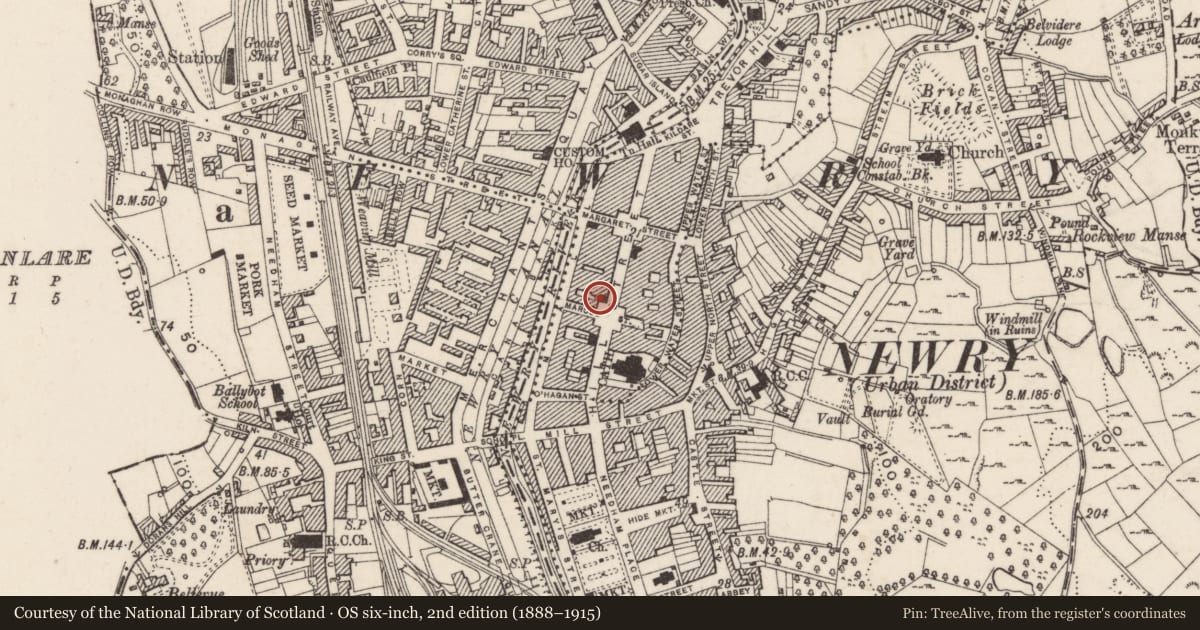 Ordnance Survey six-inch map, 2nd edition (1888–1915) covering the location of 7 Marcus Square, Carneyhough, Newry, Mourne and Down, with a pin at the register's coordinates