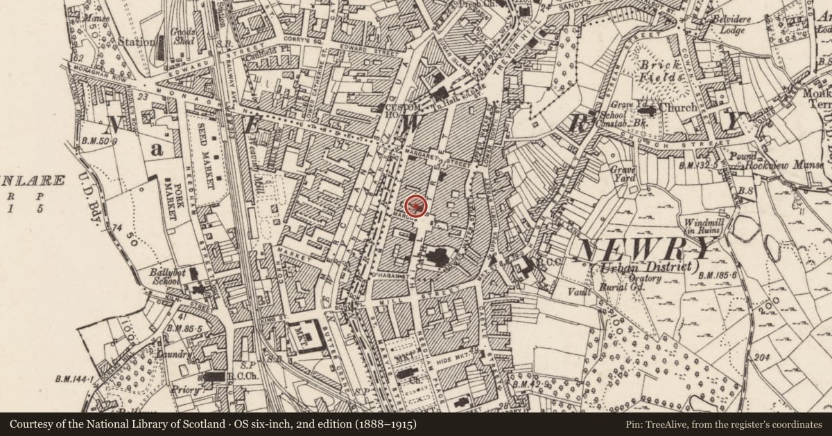 Ordnance Survey six-inch map, 2nd edition (1888–1915) covering the location of 58 Hill Street, Carneyhough, Newry, Mourne and Down, with a pin at the register's coordinates