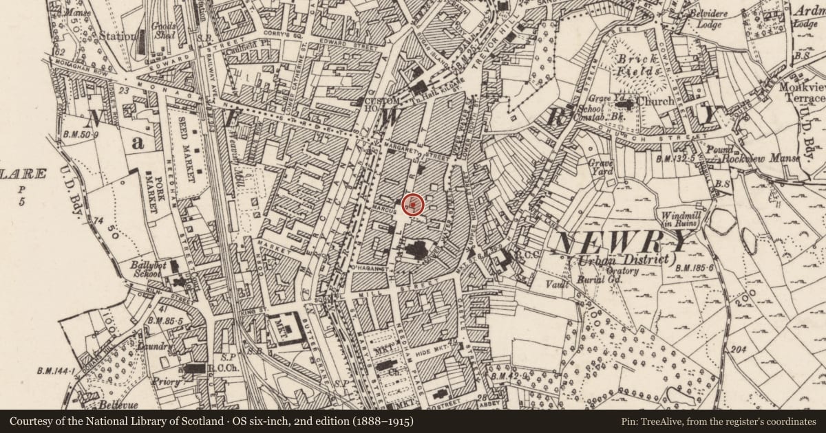 Ordnance Survey six-inch map, 2nd edition (1888–1915) covering the location of 39 Hill Street, Carneyhough, Newry, Mourne and Down, with a pin at the register's coordinates