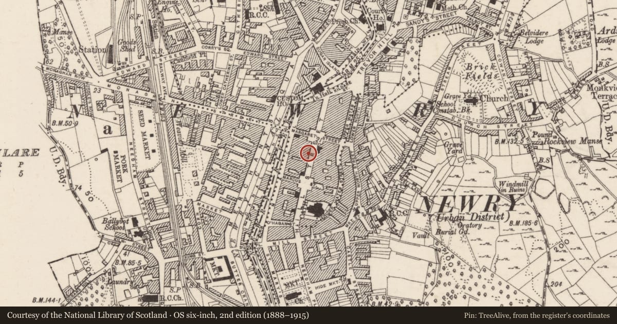 Ordnance Survey six-inch map, 2nd edition (1888–1915) covering the location of 76 Hill Street, Carneyhough, Newry, Mourne and Down, with a pin at the register's coordinates