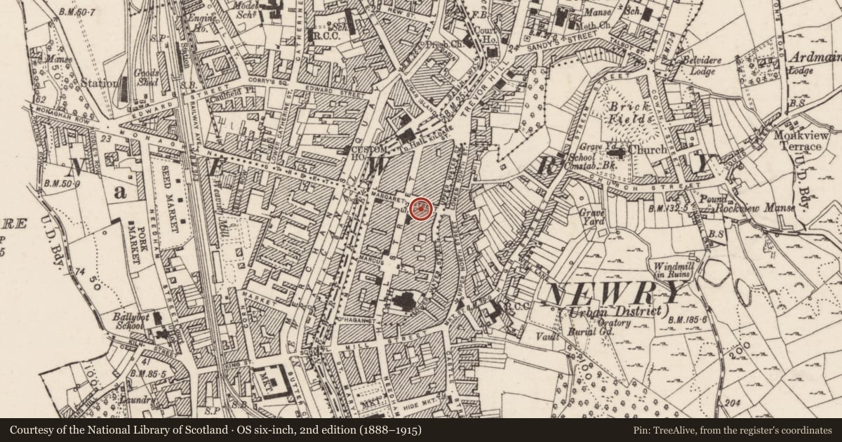 Ordnance Survey six-inch map, 2nd edition (1888–1915) covering the location of 14 Margaret Street, Carneyhough, Newry, Mourne and Down, with a pin at the register's coordinates