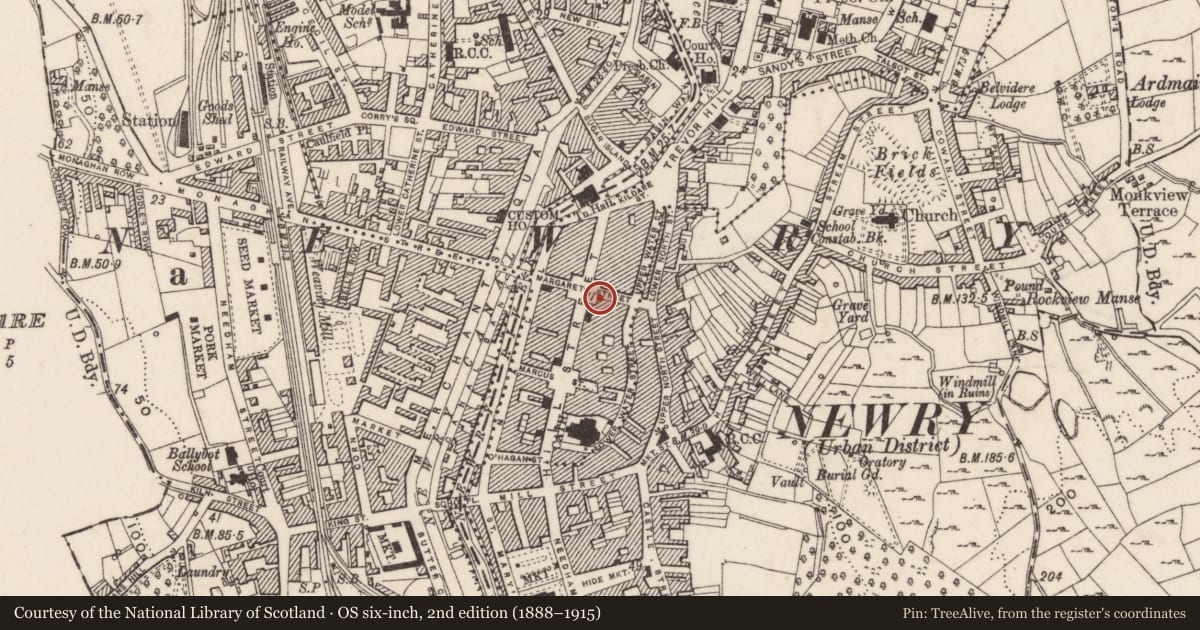 Ordnance Survey six-inch map, 2nd edition (1888–1915) covering the location of 16 Margaret Street, Carneyhough, Newry, Mourne and Down, with a pin at the register's coordinates