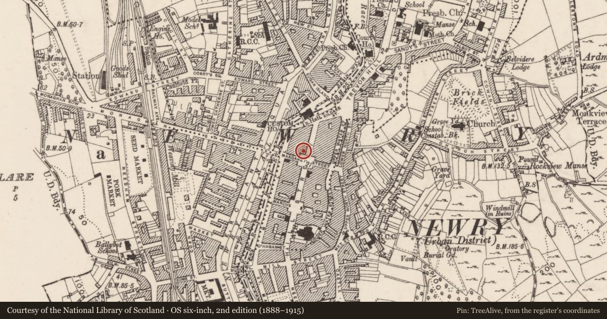 Ordnance Survey six-inch map, 2nd edition (1888–1915) covering the location of 86 Hill Street, Carneyhough, Newry, Mourne and Down, with a pin at the register's coordinates