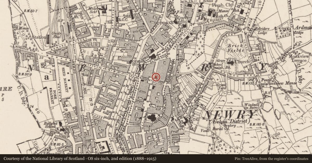 Ordnance Survey six-inch map, 2nd edition (1888–1915) covering the location of 67 - 69 Hill Street, Carneyhough, Newry, Mourne and Down, with a pin at the register's coordinates