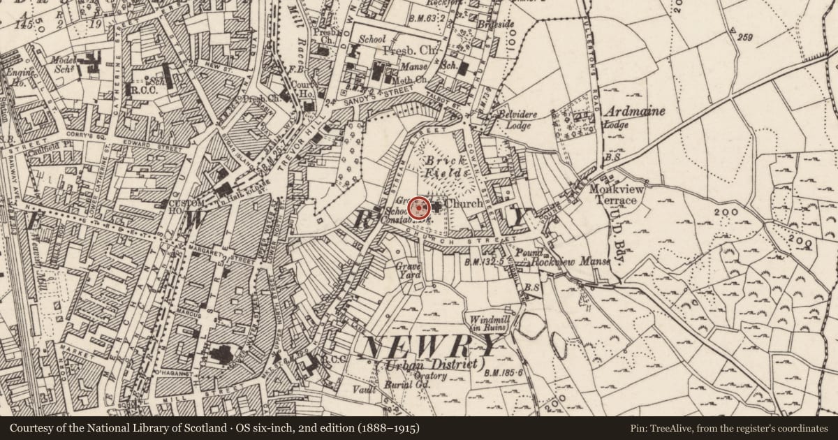 Ordnance Survey six-inch map, 2nd edition (1888–1915) covering the location of 71 Hill Street, Carneyhough, Newry, Mourne and Down, with a pin at the register's coordinates