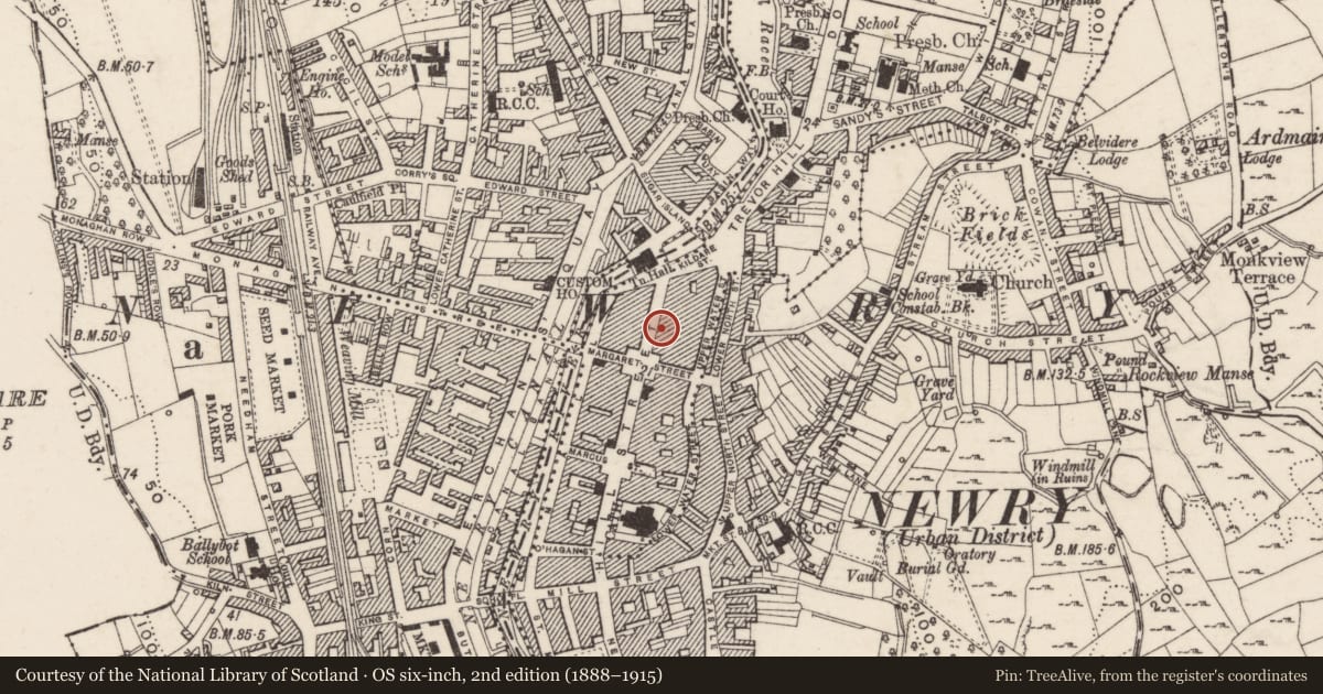 Ordnance Survey six-inch map, 2nd edition (1888–1915) covering the location of 73 Hill Street, Carneyhough, Newry, Mourne and Down, with a pin at the register's coordinates