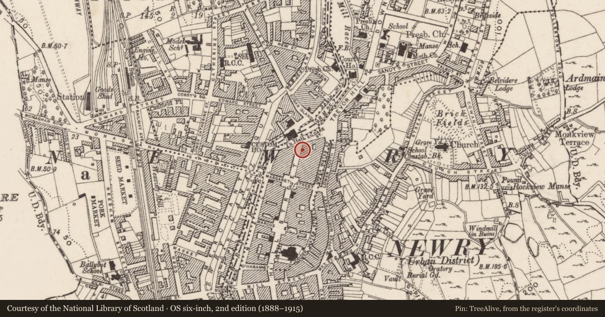 Ordnance Survey six-inch map, 2nd edition (1888–1915) covering the location of 83 Hill Street, Carneyhough, Newry, Mourne and Down, with a pin at the register's coordinates