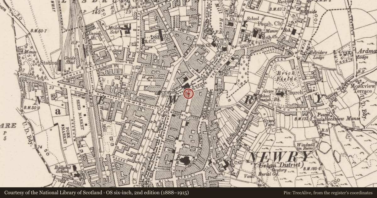 Ordnance Survey six-inch map, 2nd edition (1888–1915) covering the location of 104-8 Hill Street, Carneyhough, Newry, Mourne and Down, with a pin at the register's coordinates
