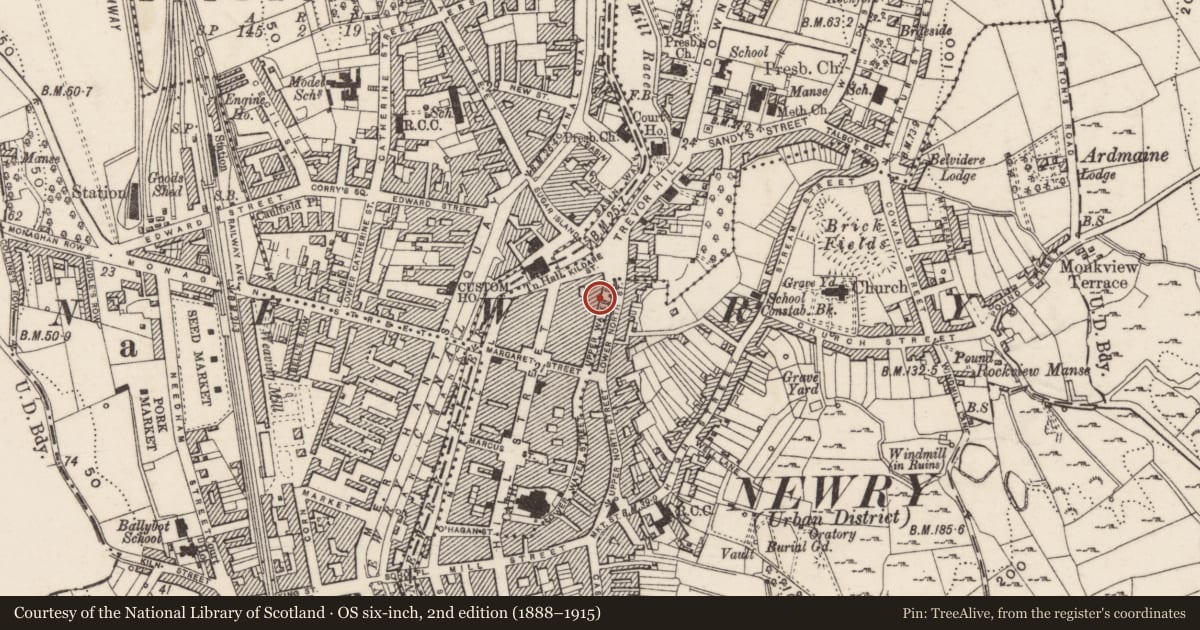 Ordnance Survey six-inch map, 2nd edition (1888–1915) covering the location of 26 Upper Water Street, Carneyhough, Newry, Mourne and Down, with a pin at the register's coordinates