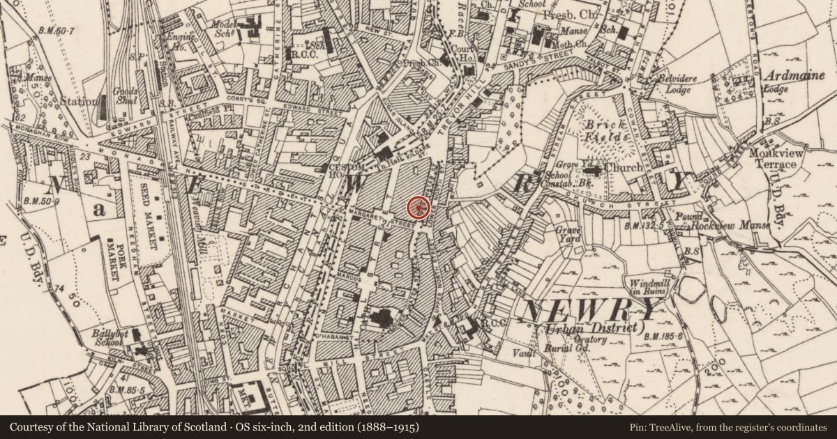Ordnance Survey six-inch map, 2nd edition (1888–1915) covering the location of 8-10 Upper Water Street, Carneyhough, Newry, Mourne and Down, with a pin at the register's coordinates