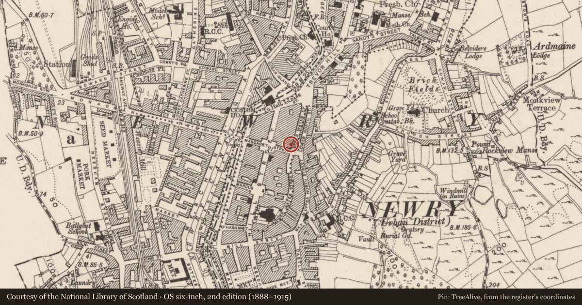 Ordnance Survey six-inch map, 2nd edition (1888–1915) covering the location of 2 Upper Water Street (formerly 2 Abbey Way ), Carneyhough, Newry, Mourne and Down, with a pin at the register's coordinates