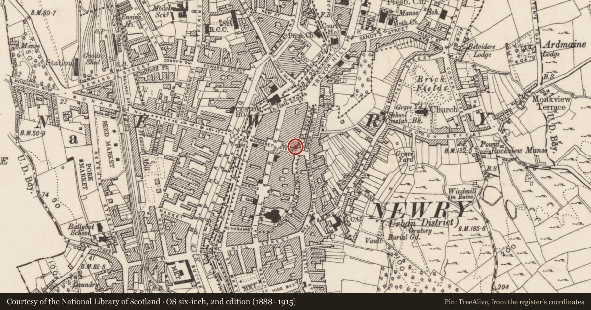 Ordnance Survey six-inch map, 2nd edition (1888–1915) covering the location of 5 Margaret Street, Carneyhough, Newry, Mourne and Down, with a pin at the register's coordinates