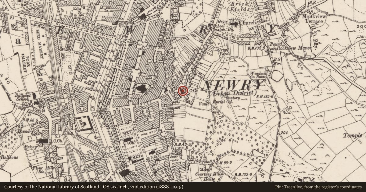 Ordnance Survey six-inch map, 2nd edition (1888–1915) covering the location of Chapel at St Clare's Convent, Ballinacraig, Newry, Mourne and Down, with a pin at the register's coordinates